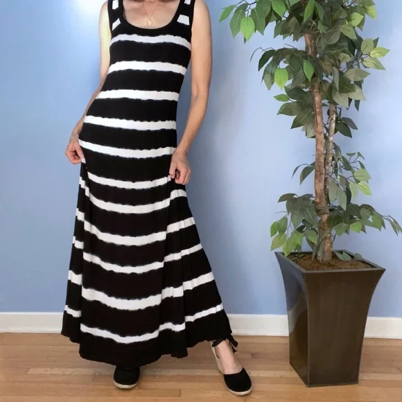 Calvin Klein Black and White Striped A-line Sleeveless Maxi Dress